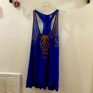 Free People tank top tunic blue gold beaded sleeveless size 12